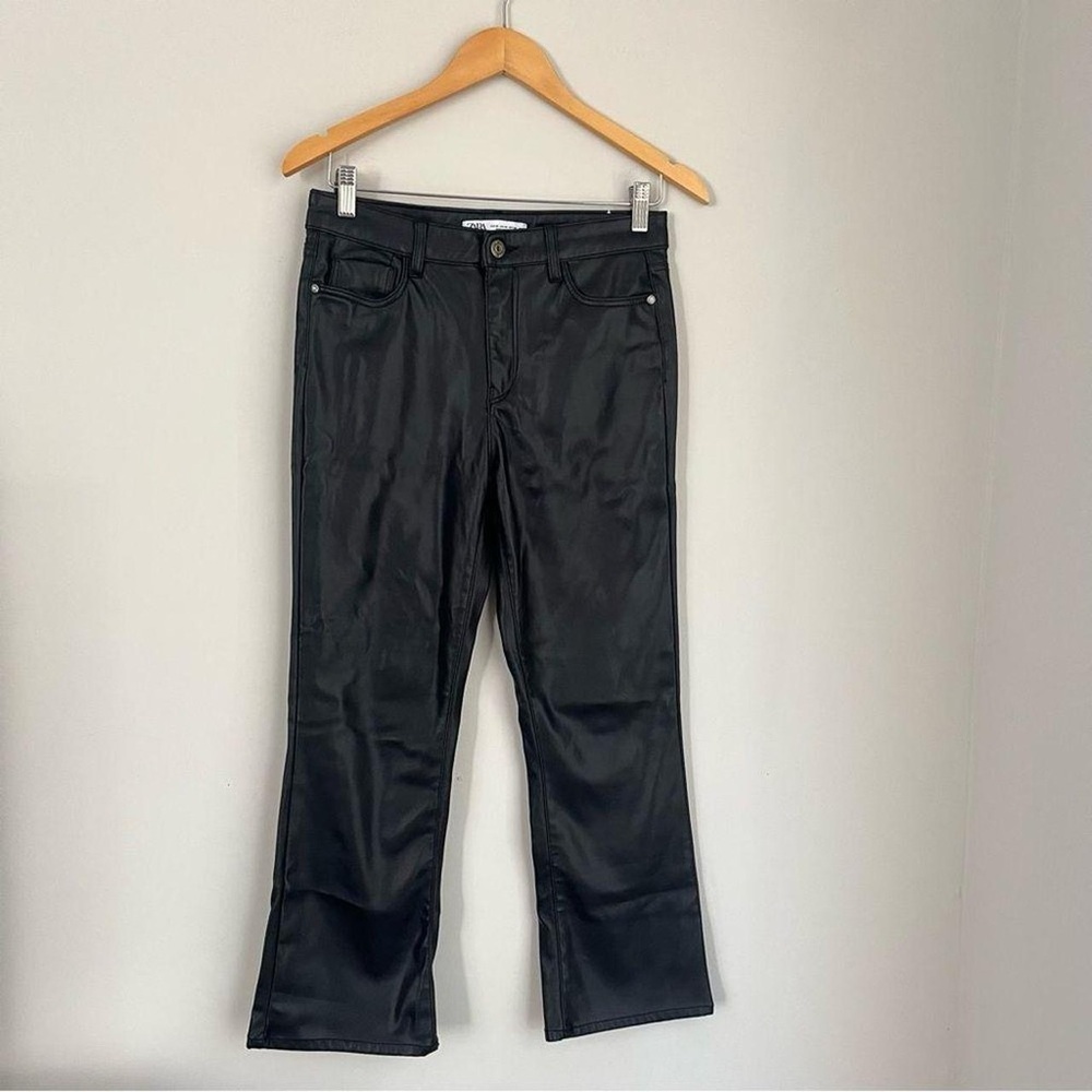 Zara Mini Flare Cropped Black Faux Leather Pants Size 4 - Picture 3 of 6